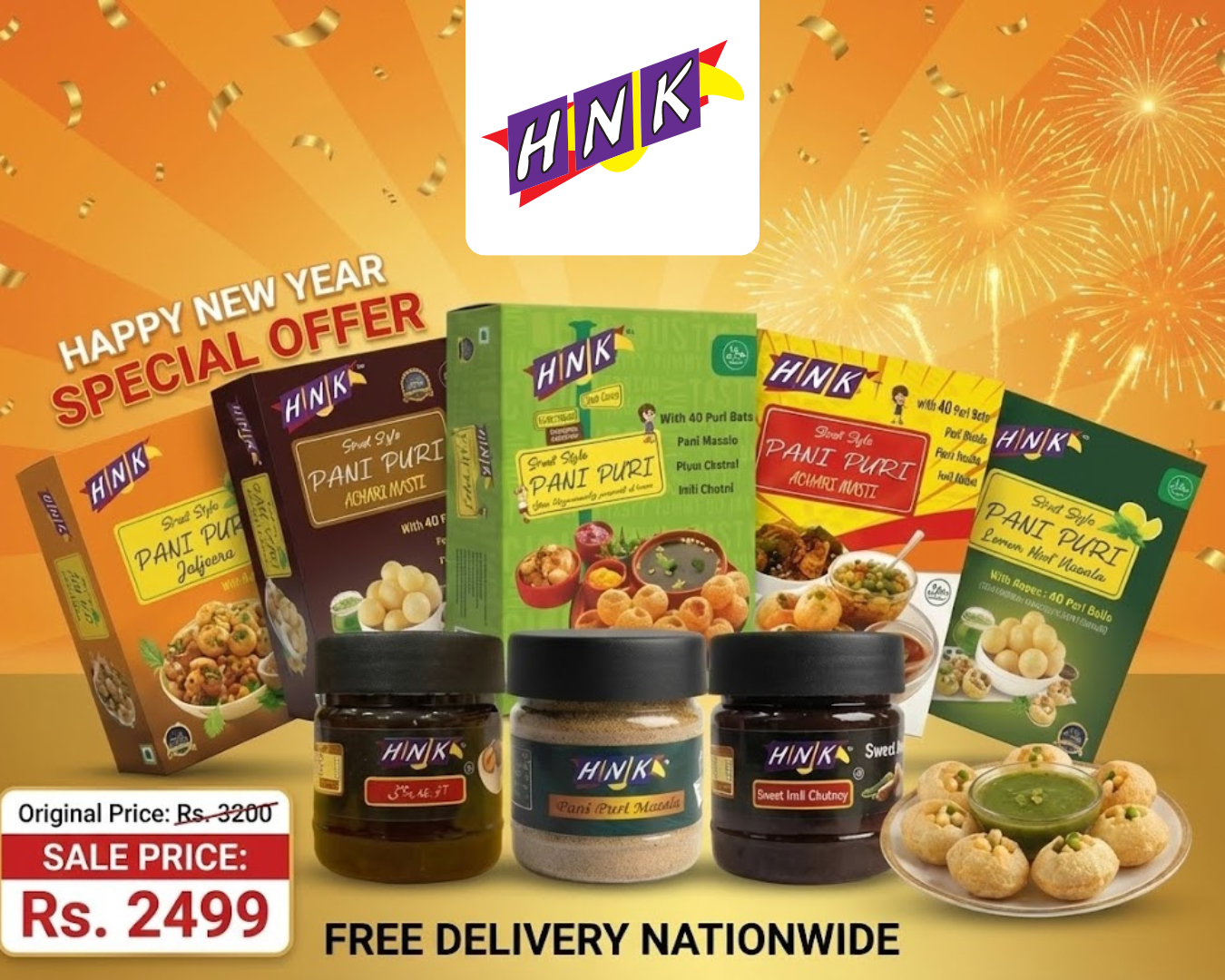Promotional image of Hink food products with New Year offer text on an orange background.