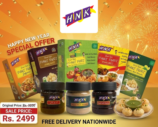 Promotional image of Hink food products with New Year offer text on an orange background.